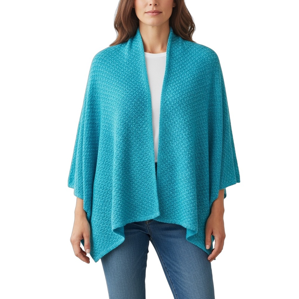 St. John Teal Blue Tweed Knit Open Front Cardigan High Low Hem Size L